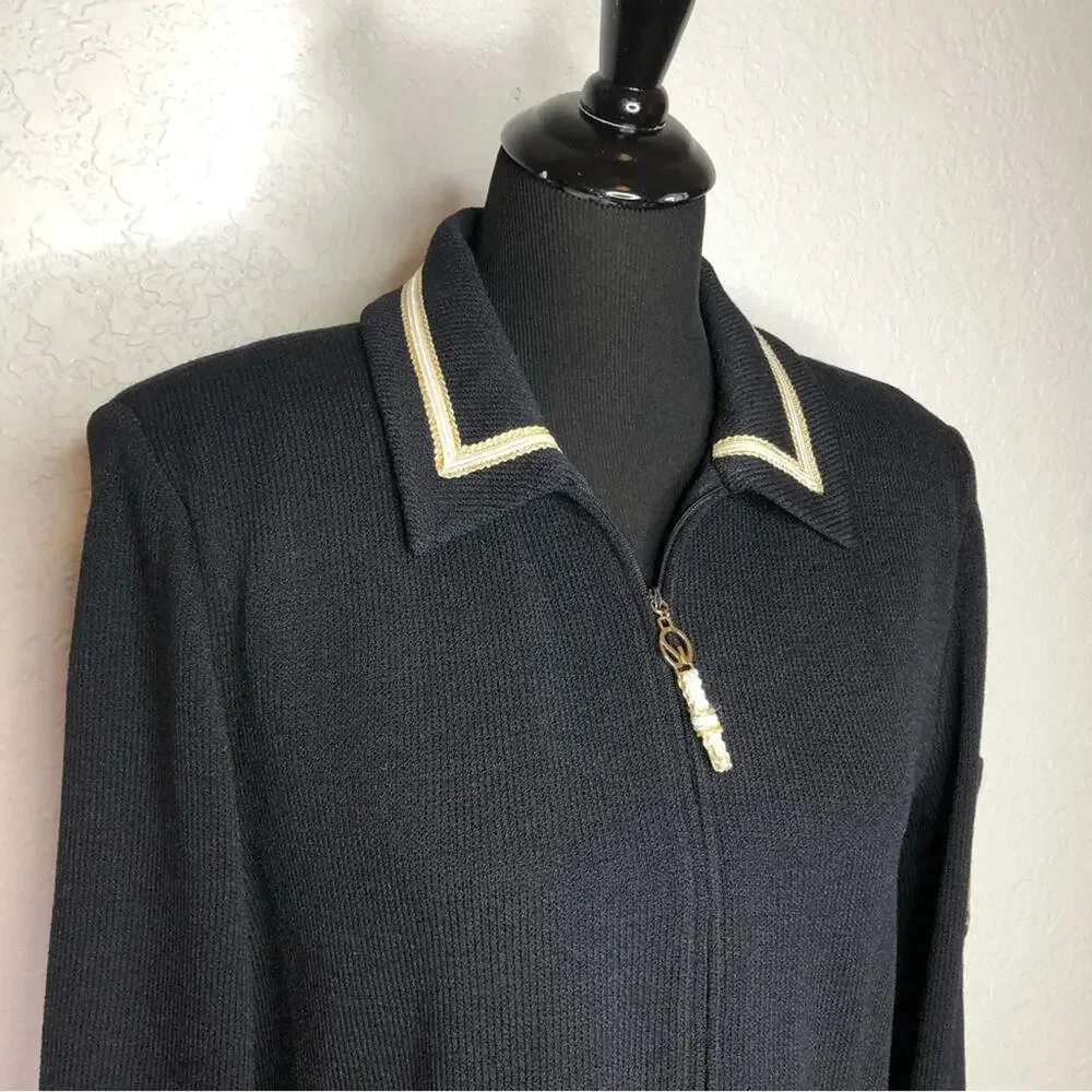 St John Collection black with white gold trim santana knit zip front jacket 10